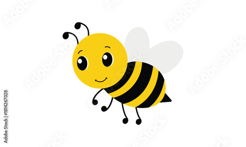 Cute cartoon honey bee with a happy smile, tiny wings and bright yellow stripes buzzing cheerfully.