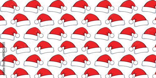 Clean, minimalist seamless pattern of festive red and white Santa Claus hats repeated across a bright white background. Excellent for Christmas product packaging, greeting cards, website headers, and 