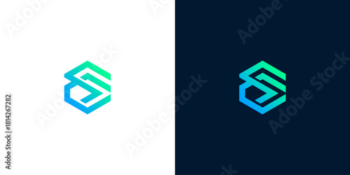 Abstract hexagonal shape geometric logo design with gradient blue and green colors on white and dark blue backgrounds