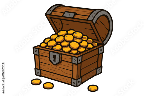 Cartoon illustration of a wooden treasure chest overflowing with gold coins, symbolizing wealth and fortune