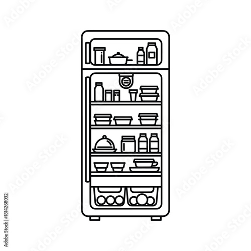Outline drawing of an open refrigerator filled with various food items and containers on shelves