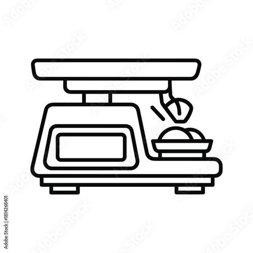 Line art icon of a digital kitchen scale with ingredients being weighed, perfect for cooking and baking concepts