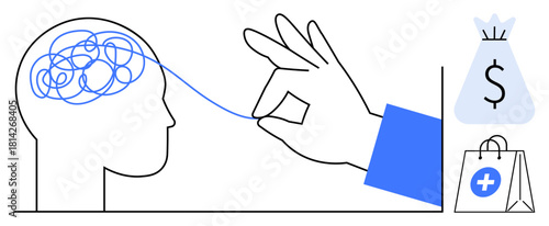 Hand untangling brain representing mental clarity, accompanied by medical bag and money sack for financial and healthcare themes. Ideal for mental health, therapy, finance, self-care, assistance
