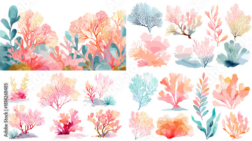 A vibrant watercolor coral and sea plant collection featuring soft tropical colors in blue, peach, and pink. Perfect for marine decor, coastal artwork, underwater patterns, and nature designs.