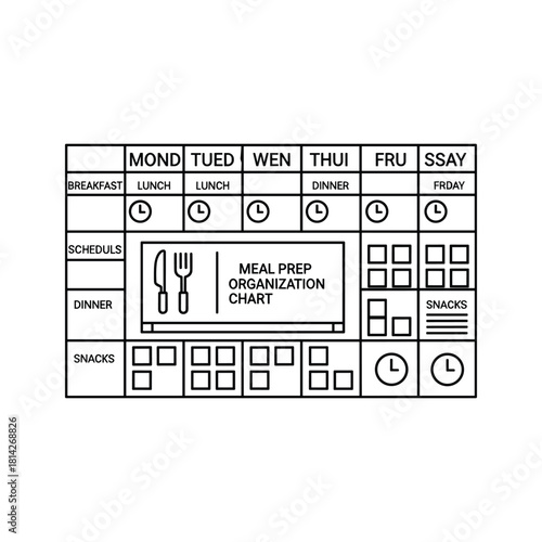 Weekly meal prep organization chart with schedule and food planning sections, isolated on