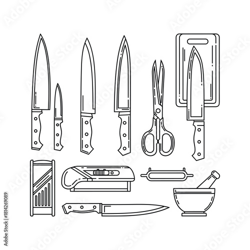 Line art collection of kitchen knives, shears, cutting board, mandoline, and mortar and pestle