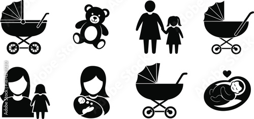 Childcare icons collection, parenting symbols, baby strollers, mother and child, teddy bear, swaddled infant, family care graphics, black white