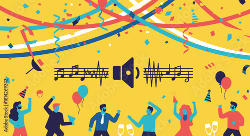 People dancing and celebrating at a lively party with music, confetti, and balloons on a yellow background.