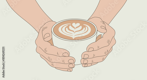 A pair of hands gently holding a white mug filled with a latte, showcasing intricate latte art.