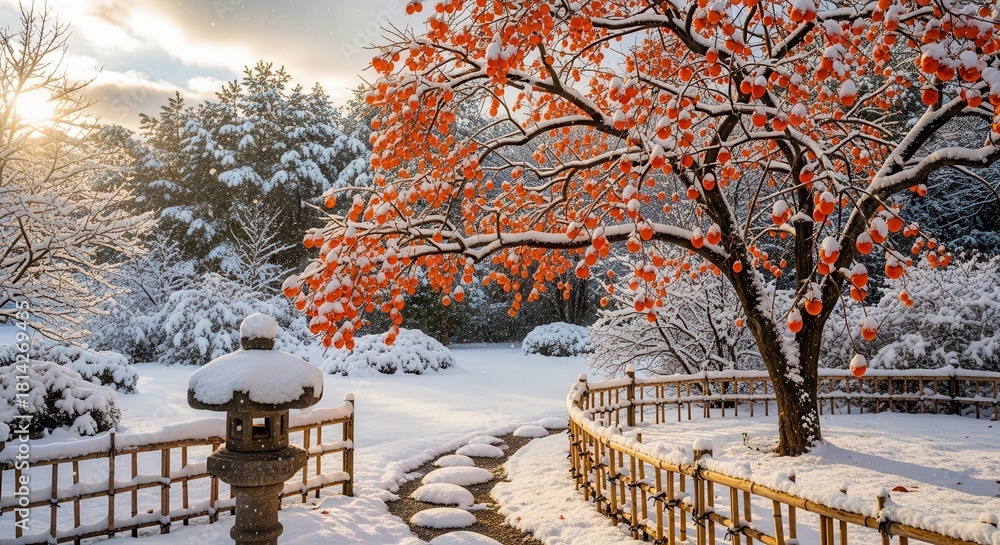 Fototapeta premium Snow covered Japanese garden with orange persimmon fruit tree and stone lantern