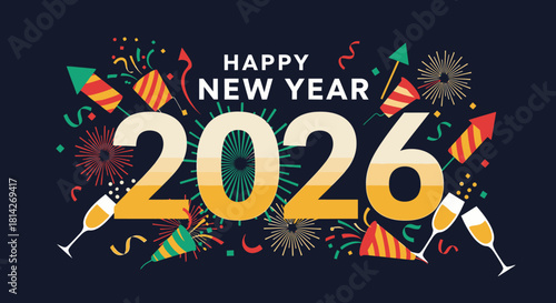 Happy New Year 2026 with fireworks, confetti, and champagne glasses celebrating the upcoming year.