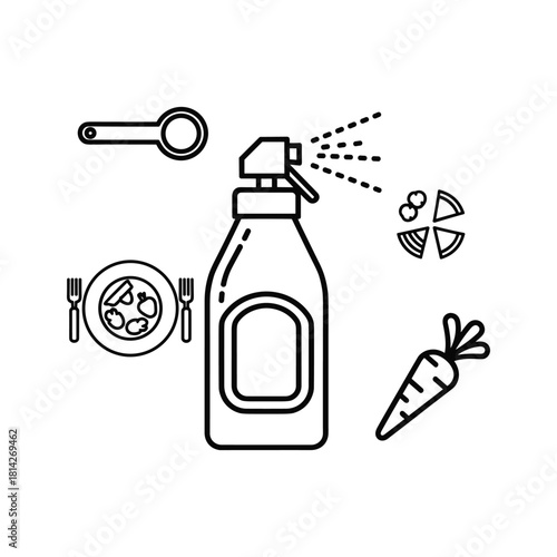 A collection of black and white line art icons depicting food, cooking, cleaning, and data elements