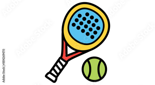 A colorful cartoon illustration of a padel racket and a matching ball on a white background.