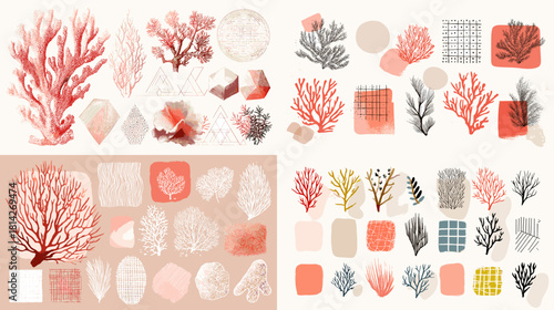 A modern coral illustration set combined with textured abstract shapes in soft earthy tones. Ideal for contemporary artwork, coastal designs, pattern creation, and botanical compositions.