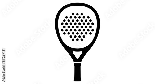 A black and white illustration of a padel racket with a circular pattern of holes.
