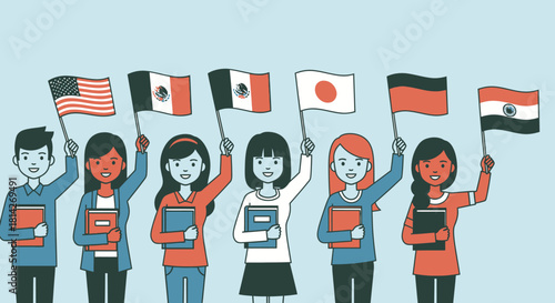 Diverse group of international students holding flags and books, symbolizing global education and cultural exchange.
