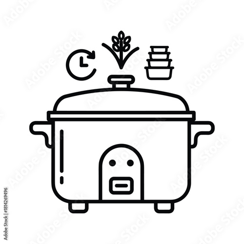 Slow cooker or rice cooker icon with elements symbolizing healthy cooking, time efficiency, and meal preparation