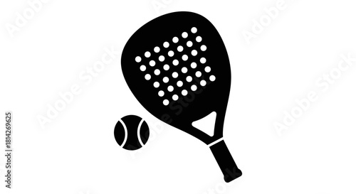 A black silhouette of a padel tennis racket and ball on a white background.
