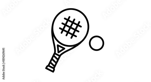 Black and white line art icon of a tennis racket and a tennis ball, representing sports equipment.