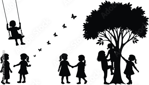 Children outdoor play silhouette, tree climbing, swing fun, butterfly trail, black illustration, nature activity, playful scene, childhood interaction
