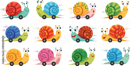 Cartoon snails with wheels and colorful shells in racing poses, expressing playful emotions and whimsical speed concept