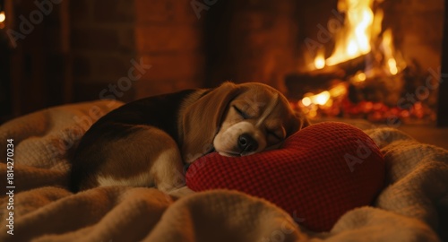 Sleeping Beagle Puppy Resting on Heart-shaped Pillow Near Fireplace in Cozy Warm Room