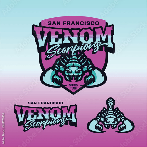 San Francisco Venom Scorpions Sports Team Logo Set with Shield and Stylized Scorpion