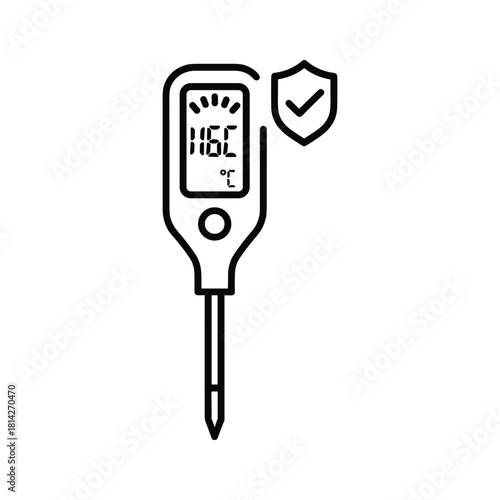 Digital food thermometer with safety shield icon, displaying temperature, isolated on