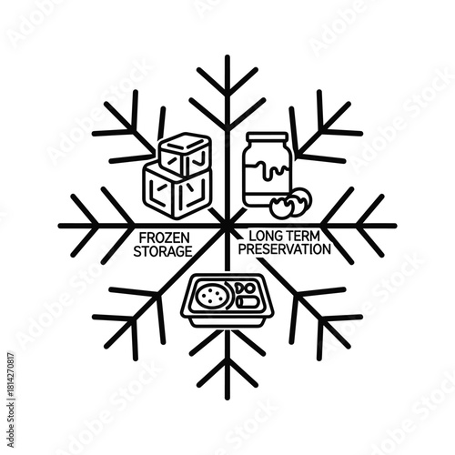 Food preservation snowflake icon with frozen storage and long term preservation methods, isolated on