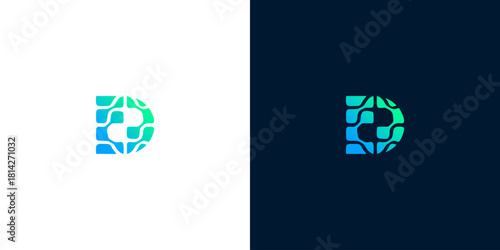 Abstract digital letter D logo design featuring interconnected circuit patterns and a vibrant blue-green gradient, symbolizing modern technology and innovative solutions for branding