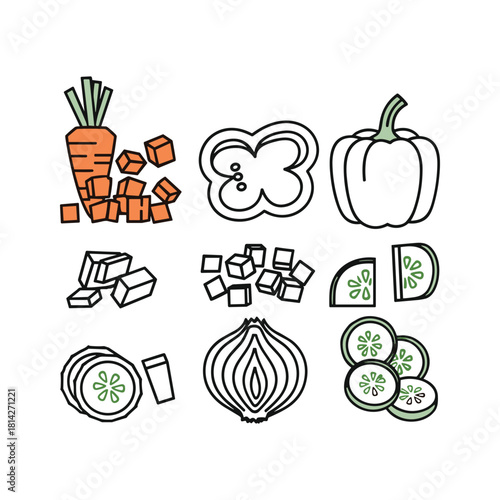 Outline drawing of various fresh vegetables including carrots, bell pepper, onion, and cucumber, prepared for cooking