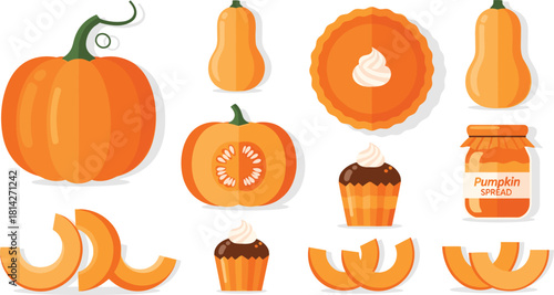 Pumpkin, squash, pie, cupcakes, autumn food, seasonal vegetables, harvest, Thanksgiving, fall cuisine, pumpkin spread, seeds, dessert, illustration, cooking, baking, whipped cream, sliced 