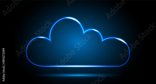 Neon digital cloud icon on a black and blue background. Visualization of data transmission over a network. Neon cloud with highlights. Vector illustration.
