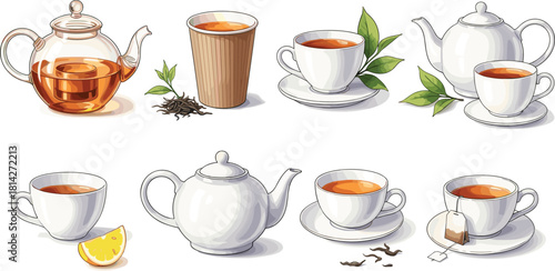 Tea illustration set, cartoon teapots and cups, tea leaves, lemon wedge, tea bag, vector beverage design, cozy drink