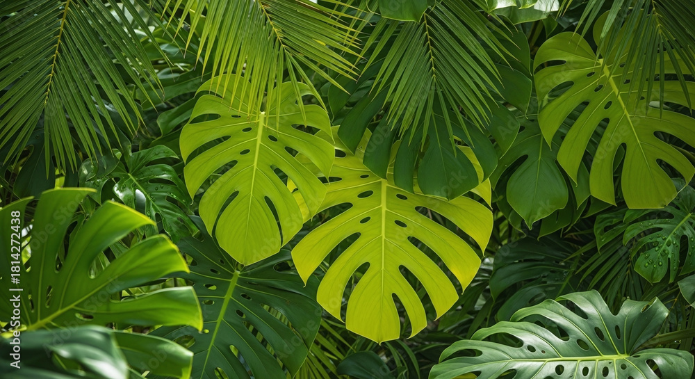 Obraz premium Tropical leaves of monstera and palm.