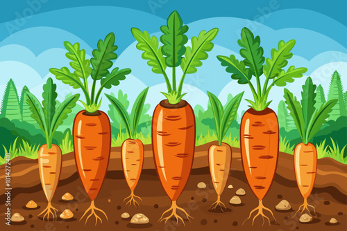 Fresh orange carrots partially emerging from loose brown soil with green leafy tops standing upright under natural daylight