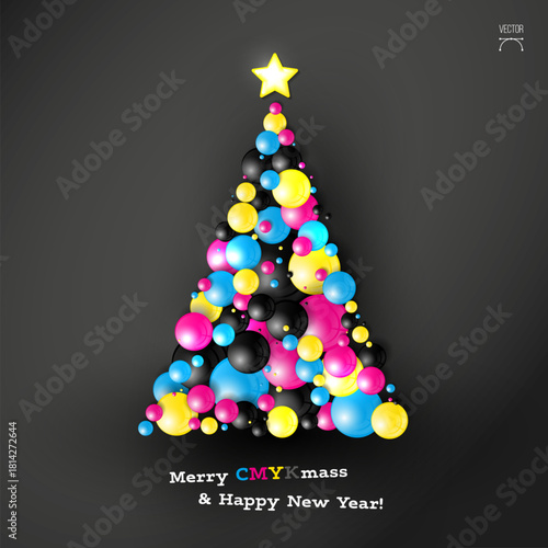 Abstract CMYK bubble christmas tree with funny Christmas wish