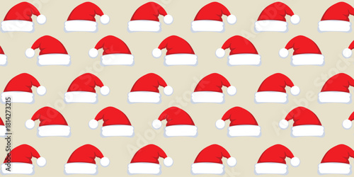 Clean, minimalist seamless pattern of festive red and white Santa Claus hats repeated across a bright white background. Excellent for Christmas product packaging, greeting cards, website headers, and 