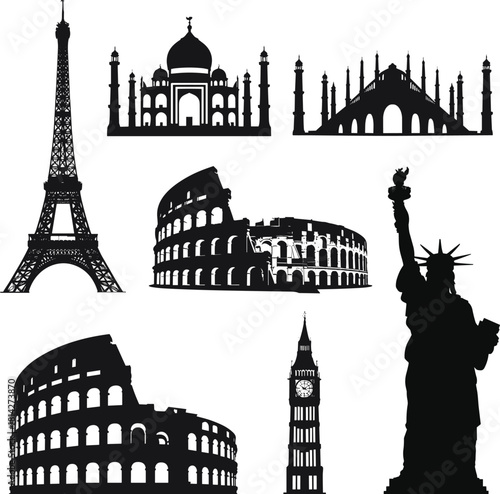 Black silhouettes of famous world landmarks on white background