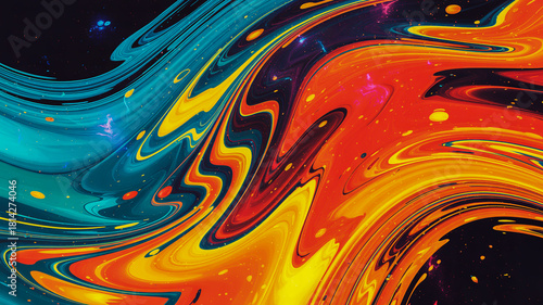 Vibrant abstract background with swirling liquid motion in contrasting blue and fiery orange tones