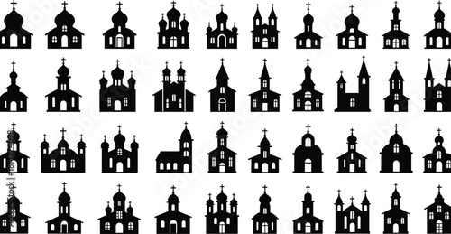 Church silhouette set, 40 vector icons, diverse architectural styles, steeples and domes, Orthodox and Western designs, scalable vector art pack for designers and editors