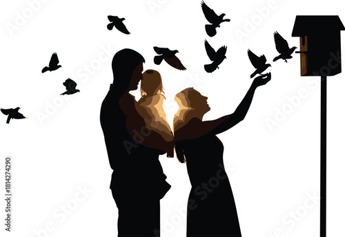 Family silhouette near birdhouse, nature bonding scene, flying birds, warm glow, outdoor illustration, wildlife moment, parent child interaction