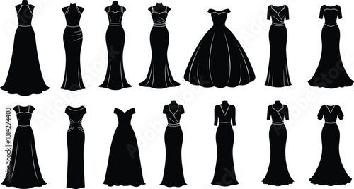 Formal dress silhouettes collection, black gowns, fashion design showcase, evening wear styles, neckline sleeve skirt variety, elegant garment display