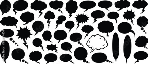 Diverse collection of black speech bubbles and thought clouds