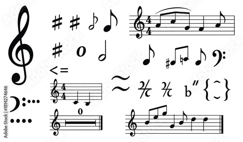 Collection of musical notes and symbols in black and white
