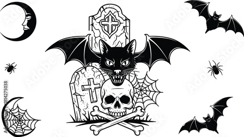 Halloween spooky illustration, black cat bat wings, skull crossbones, tombstone, bats spiders webs, eerie moon, gothic horror design