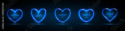 A set of blue neon hearts with a place for text on a transparent dark background. Glowing hearts for holiday cards, banners, invitations. Vector EPS 10.