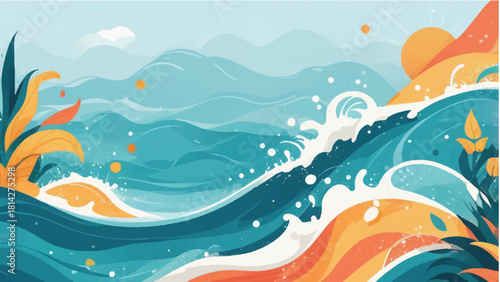 Abstract vector illustration of a blue ocean sea wave pattern under a summer sky for travel design and holiday nature decoration