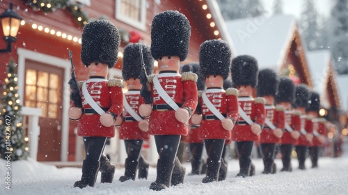 Fototapeta Naklejka Na Ścianę i Meble -  Snowy Scene with Toy Soldier Parade in Front of Christmas Village Houses Surrounded by Winter Wonderland