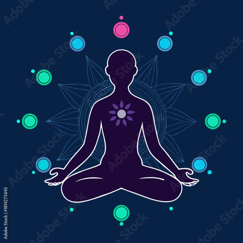 human silhouette sitting in meditation with seven .svg